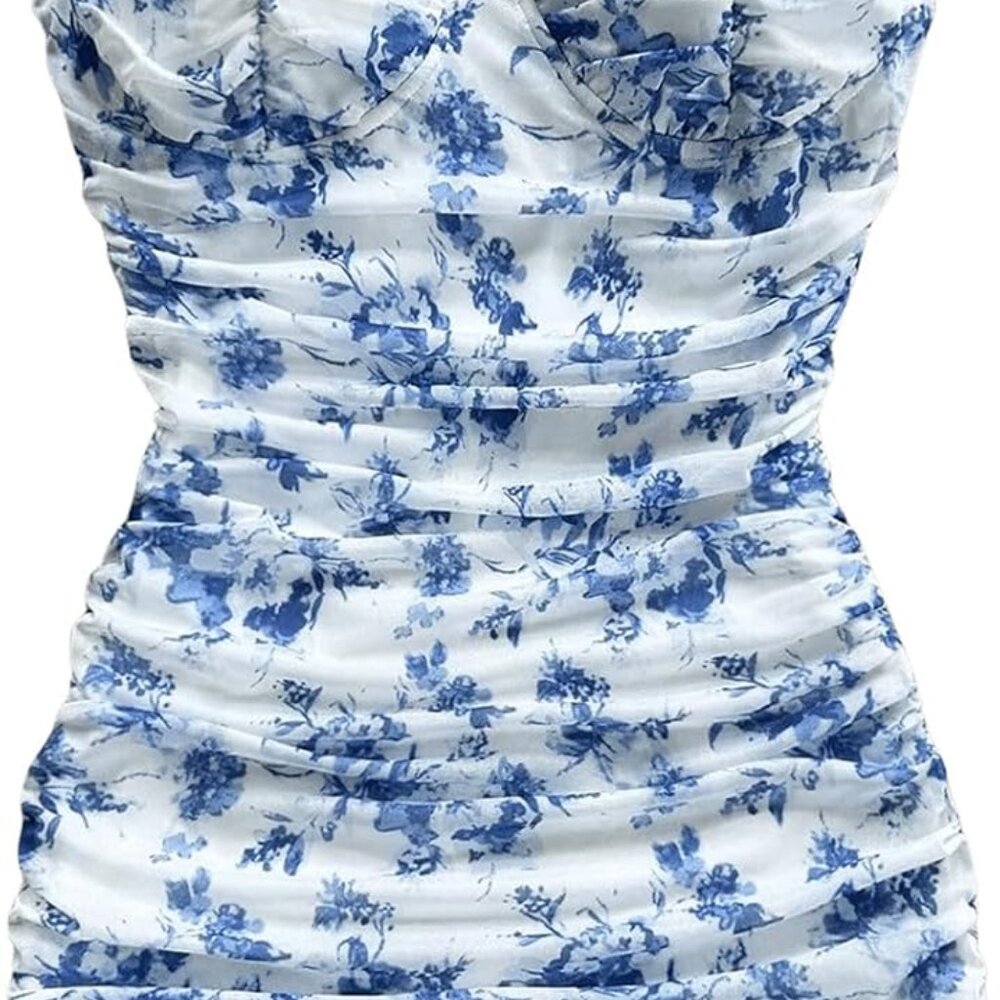 Women's Floral Mesh Bodycon Mini Dress Sleeveless Ruched Summer Going Out